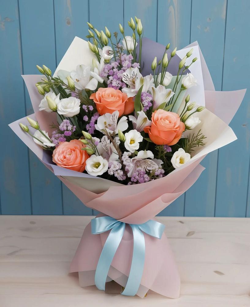 Букет цветов из: Лизиантусы, Розы, Альстромерии и Гипсофила в Задонье