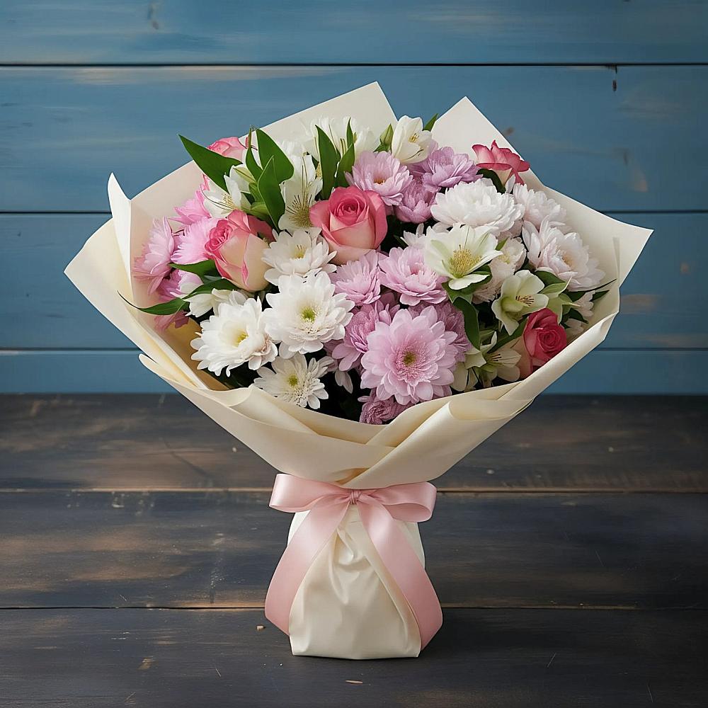 Букет цветов из: Хризантемы, Альстромерии и Розы в Задонье